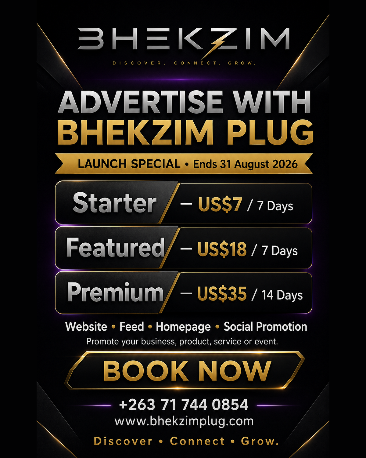 BHEKZIM Plug advertising launch special with Starter, Featured and Premium packages